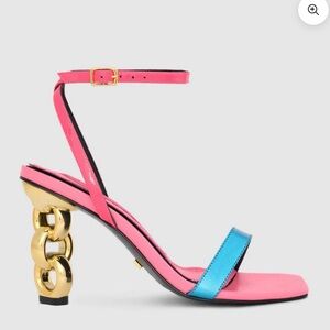 Vibrant Pink and Blue Heels with Gold Chain Accent